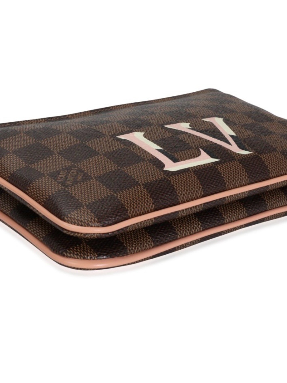 Louis Vuitton Brown Damier Ebene Canvas Pouch with Pink Trim and LV Initials - Picture 7 of 12